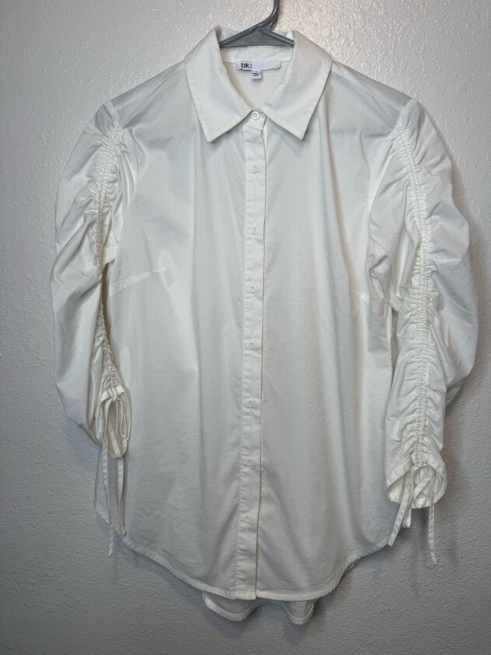 DR2 Crisp White Button Up Gathered Long Sleeve Shirt Size Small Office Preppy
